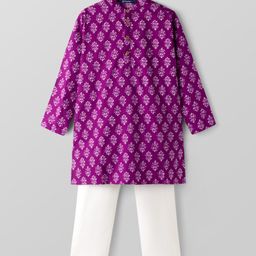 Pine Kids Cotton Woven Full Sleeves Kurta Pajama Set With Floral Print - Purple-picture-4