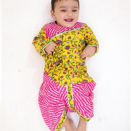 BownBee Pure Cotton Woven Full Sleeves Floral Printed Gota Lace Embellised Kurta Dhoti Set - Yellow-picture-22