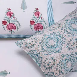 SHAHENAZ Charvi Aqua Turquoise Blue Cotton 210 TC Queen Bedsheet with 2 Pillow Covers-image-1