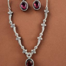 Anouk Rhodium-Plated Red Crystal Stone Studded Necklace with Earring-47