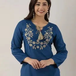 BLUE KART Women Floral Embroidered Tie-Up Neck Thread Work Short Kurti-image-43