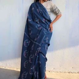 Chidiyaa Blue Block Printed Cotton Mulmul Saree - Butterfly Girls-12