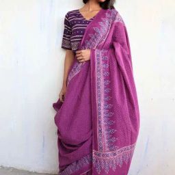Chidiyaa Purple Block Printed Cotton Mulmul Saree - Butterfly Girls-image-32