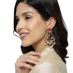 Zaveri Pearls Blue Pink Enamelling Lotus Design Traditional Dangler Earrings-ZPFK8892 image 5