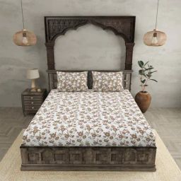 JaipurFabric Off White & Brown Cotton 280 TC King Size Bedsheet with 2 Pillow Covers-image-40