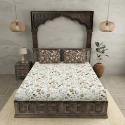 JaipurFabric Off White & Brown Cotton 280 TC Flowery Spring King Size Bedsheet with 2 Pillow Covers-image-31