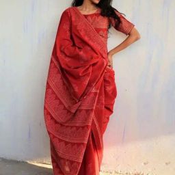 Chidiyaa Red Block Printed Cotton Mulmul Saree - Butterfly Girls-picture-22