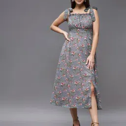 Miss Chase Grey Floral Print Shoulder Tie-Up Midi Dress-image-34