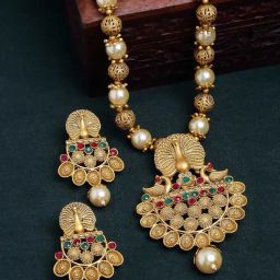 Panash Gold Plated Stone Studded Peacock Shaped Jewellery Set-71
