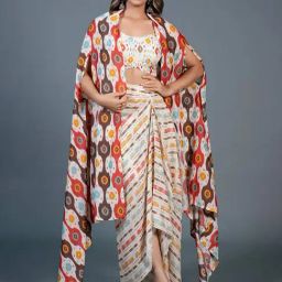 Eeshva India Off White Ikkat Printed Drape Skirt Set-image-59