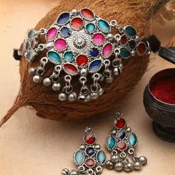 Moedbuille Silver-Plated Oxidised Ghungroo-Studded Meenakari Jewellery Set-image-78