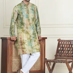 Anouk Green Bandhani Printed Mandarin Collar Straight Kurta With Pyjamas-picture-58