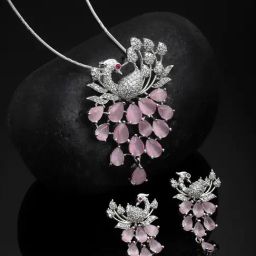 Panash Silver Plated White & Pink CZ Stone Studded Jewellery Set-44