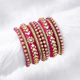 Peora Velvet Matching Fancy Silk Thread Rani Pink White Chuda/Chura Bangle Set(Size 2.6)-image-61
