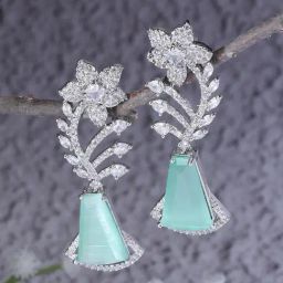 Zeneme Rhodium Plated Green AD Studded Floral Theme Drop Earrings-25