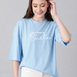 Kotty Light Blue & White Graphic Print Oversized T-Shirt-image-41