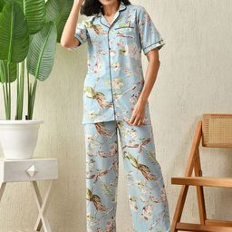 ao services Women Floral Printed Pure Cotton Shirt & Pyjamas Night suit-image-99