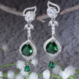 Zeneme Rhodium Plated Silver Green AD Studded Teardrop Shaped Drop Earrings-image-93