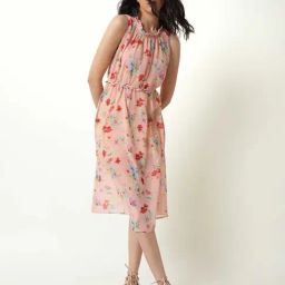 RAREISM Peach Viscose Printed Sleeveless Dress-image-34
