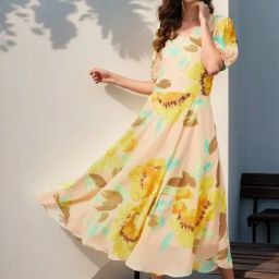 Rare Women Yellow Colour Midi Floral Dress-image-45