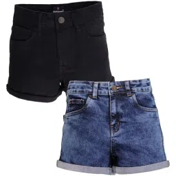 Kiddopanti Girls Blue & Black Denim Shorts - Pack of 2-image-110