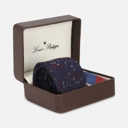 Louis Philippe Navy Embroidered Tie with Pocket Square-picture-35