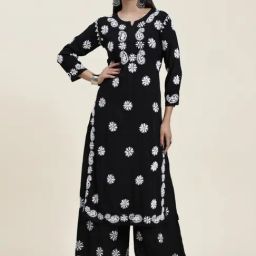House Of Kari Samma Chikankari CO-ORD Set In Modal Cotton for Women In Black-image-9
