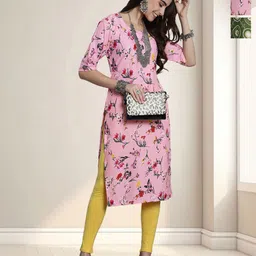 HERE&NOW Selection Of 3 Floral Printed Round Neck Straight Kurta-image-59