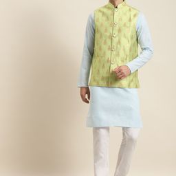 SOJANYA Men Turquoise Blue Kurta with Churidar & Nehru Jacket-10