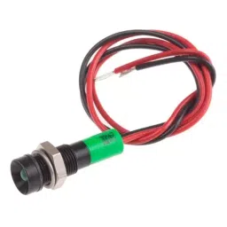 RS PRO Green Panel Mount Indicator 24V DC, Mounting Hole Size 6 mm, Termination Type Lead Wires, IP Rating IP67, Model No 7227845-18