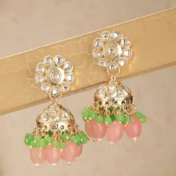 DressBerry Gold-Plated Kundan Studded And Beaded Floral Shaped Jhumkas-18