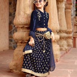 Babyhug Three Fourth Sleeves Embroidered Flared Lehenga Choli & Dupatta - Blue-image-9