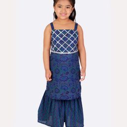 Superminis Sleeveless Jaipuri Floral Swirl Printed & Gota Lace Embellished Kurta WIth Chevron Designed Sharara - Blue-image-5