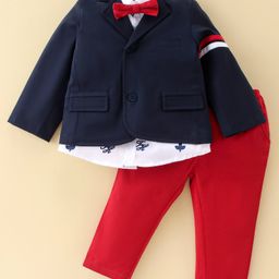 ToffyHouse Cotton Woven Full Sleeves Text Printed Shirt & Trouser Set with Coat & Bow Tie - Red & Navy-image-36