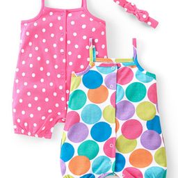 Babyhug 100% Cotton Knit Singlet Sleeves Polka Dots Printed Rompers with Hairband Pack of 2 - Multicolour-4