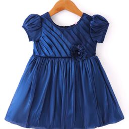 Babyhug Woven Half Puffed Sleeves Fit & Flared Pleated Party Frock with  Floral Applique - Navy Blue-image-10