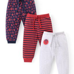 Babyhug Cotton Knit Full Length Lounge Pants With Stripes & Sports Print Pack of 3 - Navy Blue Red & White-image-74