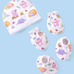 Babyhug 100% Cotton Cap Mittens & Booties with Beach Theme -Multicolour-image-77