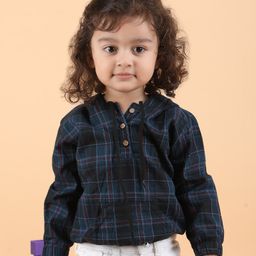 Polka Tots Cotton Full Sleeves Checked  Hoodie Shirt - Blue-image-35