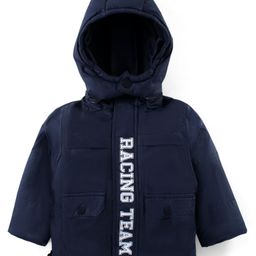 Babyhug Woven Full Sleeves Solid Jacket with Detachable Hood & Text Print - Navy Blue-image-121