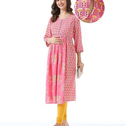 Bella Mama Woven Three Fourth Sleeves Floral Printed Maternity Kurta with Pocket - Pink-picture-42
