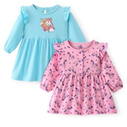 Doodle Poodle Single Jersey Knit Full Sleeves Frill Detailed Frocks With Unicorn Print Pack Of 2 - Light Pink & Sky Blue-image-7