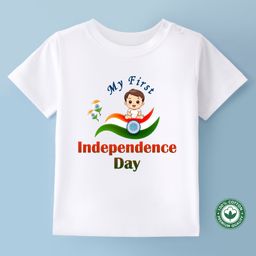 BLUSHES 100% Cotton Independence Day Theme Half Sleeves My First Independence Day Text Printed Tee - White-image-71