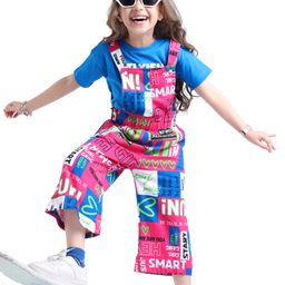 Ollington St.100% Cotton Knit Half Sleeves Text Printed T-Shirt & Dungaree - Blue & Pink-picture-9