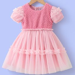 Mark & Mia Half Puffed Sleeves Solid Frock with Textured & Frill Detailing - Pink-image-53