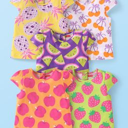Babyhug Cotton Knit Cap Sleeves T-Shirts with with Fruits Print Pack of 5 - Multicolor-image-60