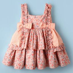 ToffyHouse Cotton Woven Frill Sleeves Layered Frock with Bow Appliques & Floral Print - Multicolor-image-97