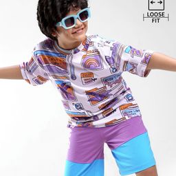 OLLINGTON ST. Cotton Knit Half Sleeves Beach Theme Printed T-Shirt & Shorts Set - Purple-image-49