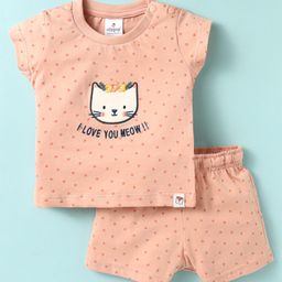 Ollypop Sinker Knit Half Sleeves Shorts Night Suit With Animal Print - Peach-image-70