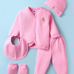 Simply Interlock Knit Full Sleeves Night Suit With Cap Bibs & Mittens - Pink-12